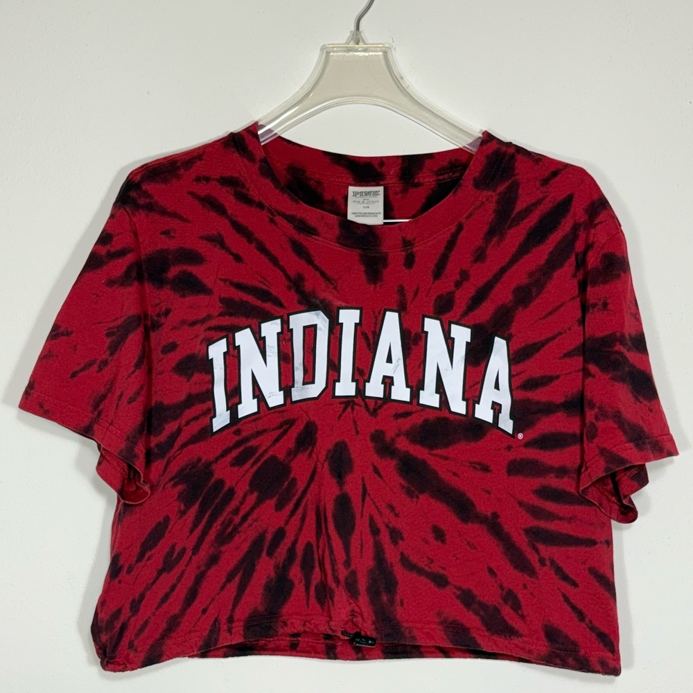 PINK Victoria's Secret Red & Black Tie-Dye Shirt Indiana IU Crop Drawstring Top